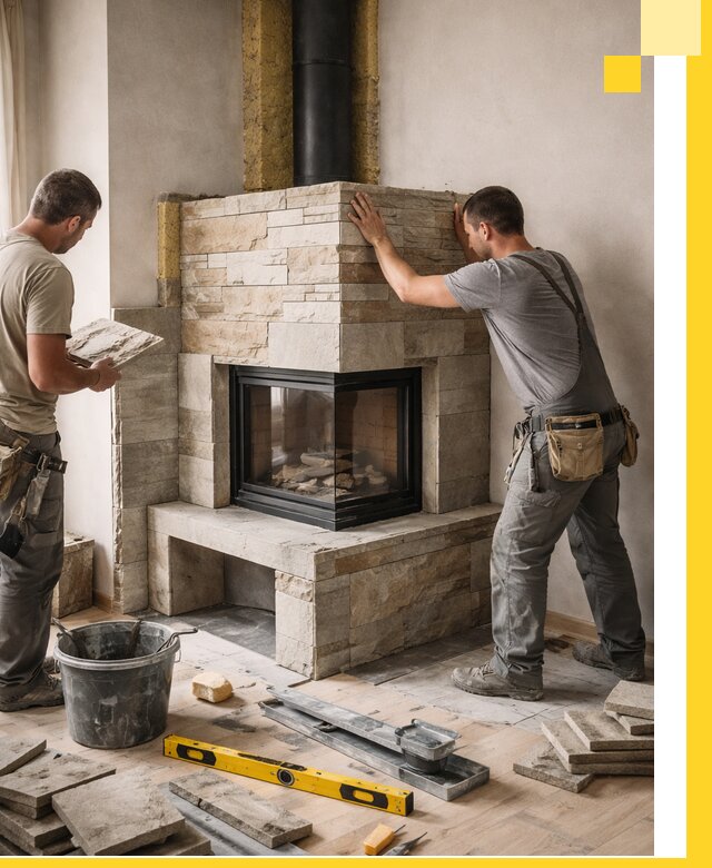 Угловые камины под ключ проект, монтаж и отделка в Елизове